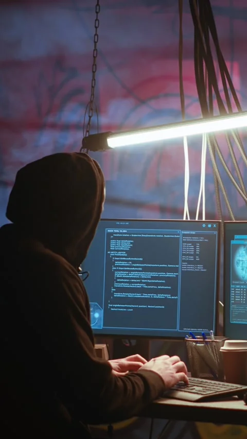 Vertical video Hacker arriving in messy base of operations with neon lights and Stock Footage 319518365