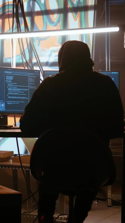 Vertical video Hacker arriving in messy base of operations with neon lights and Stock Footage 319521417