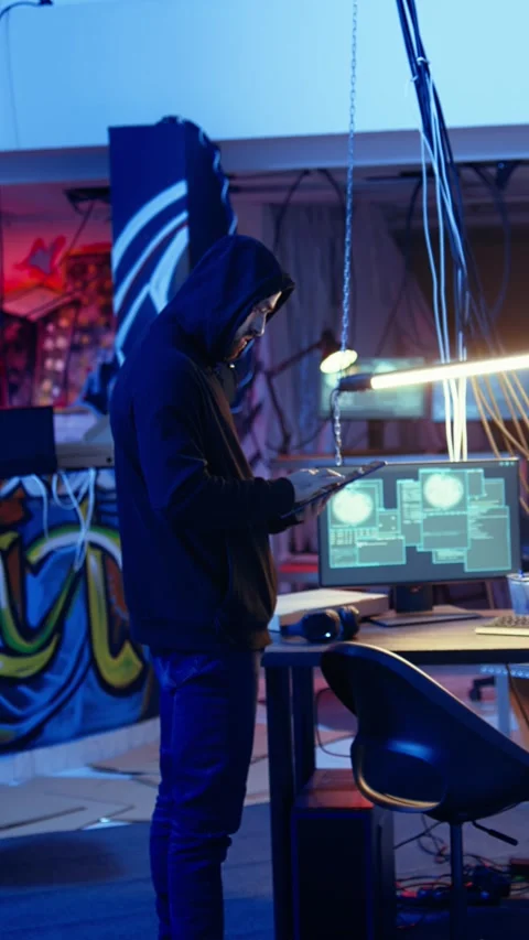 Vertical video Hacker arriving with tablet in hidden base, deploying viruses Stock Footage 319518735