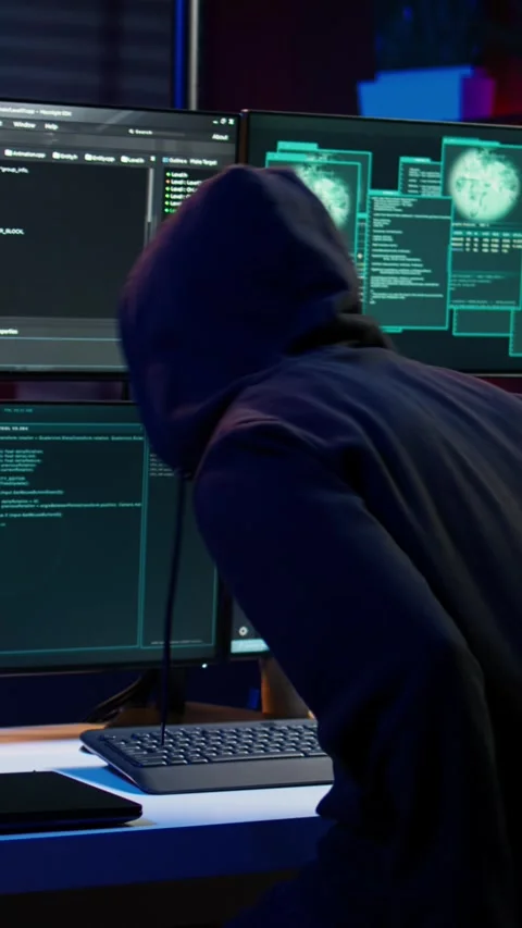 Vertical video Hacker arriving in underground HQ, ready to start coding malware Stock Footage 275621516