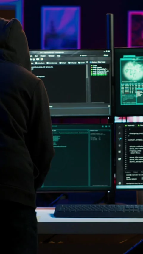 Vertical video Hacker arriving in underground HQ, ready to start coding malware Stock Footage 275621981