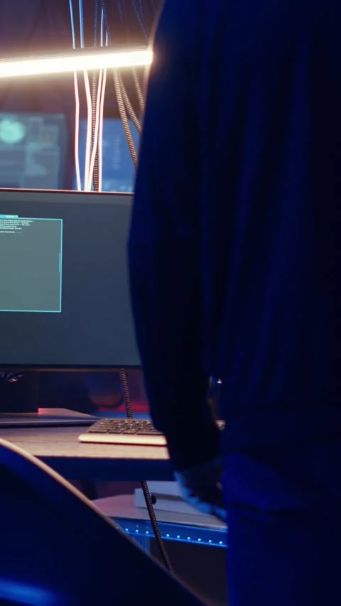 Vertical video Hacker arriving in underground base, ready to do computer Stock Footage 319517470
