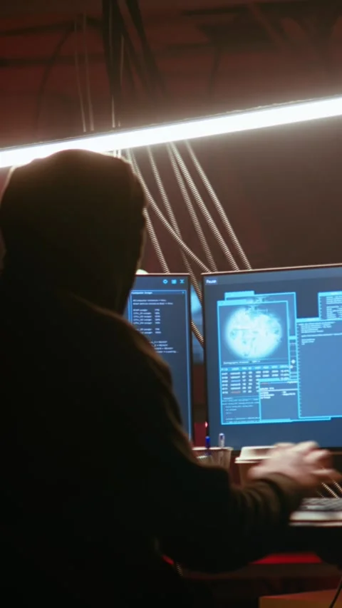 Vertical video Hacker in dark neon lit underground HQ coding malware 스톡 동영상 319518108