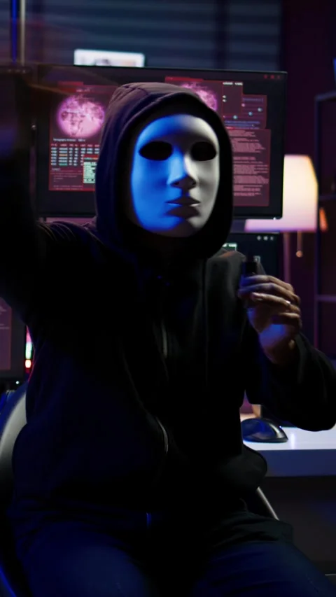 Vertical video Hacker group member wearing anonymous mask filming video Stock Footage 275622313
