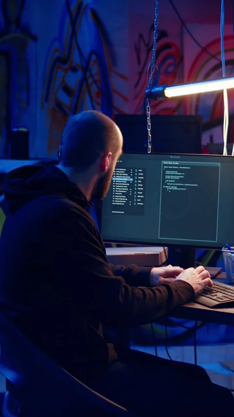 Vertical video Hacker in hidden HQ building scripts that can hack devices, dolly Stock Footage 319524421