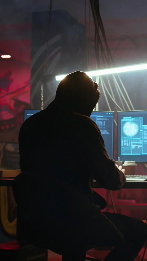 Vertical video Hacker in hidden location with graffiti walls using PC to deploy Stock Footage 319534067