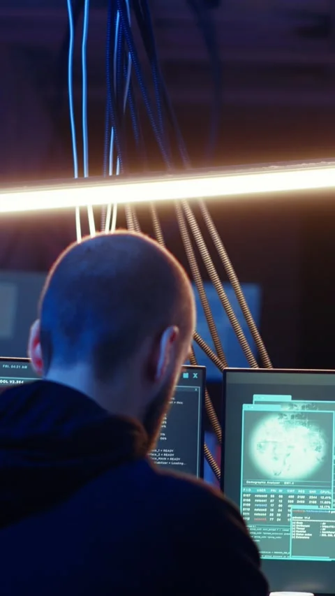 Vertical video Hacker in hidden shelter listening music while launching DDoS Stock Footage 319519576