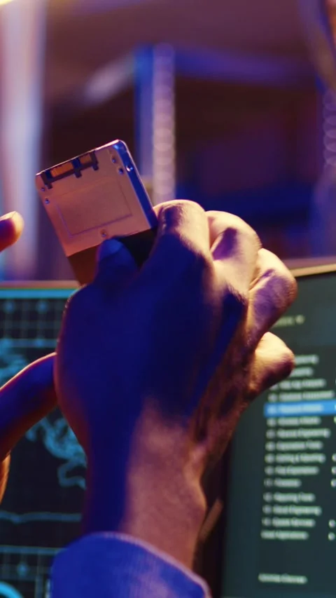 Vertical video Hacker holding SSD with computer exploit Stock Footage 255201397