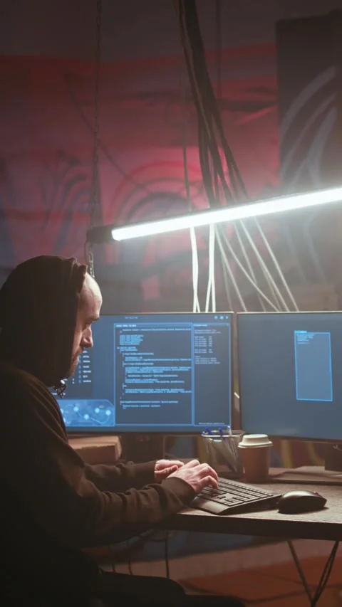 Vertical video Hacker running phishing software on computer in criminals den Stock Footage 319517560