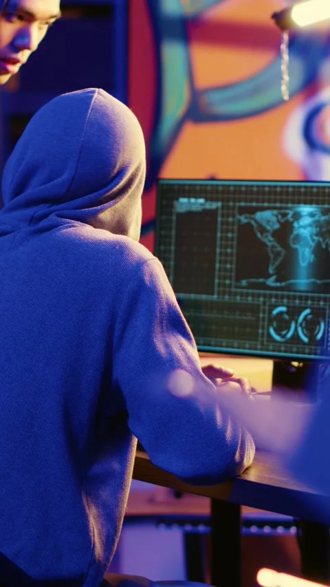 Vertical video Hacker teaching youngster to hack PCs Stock Footage 255208736