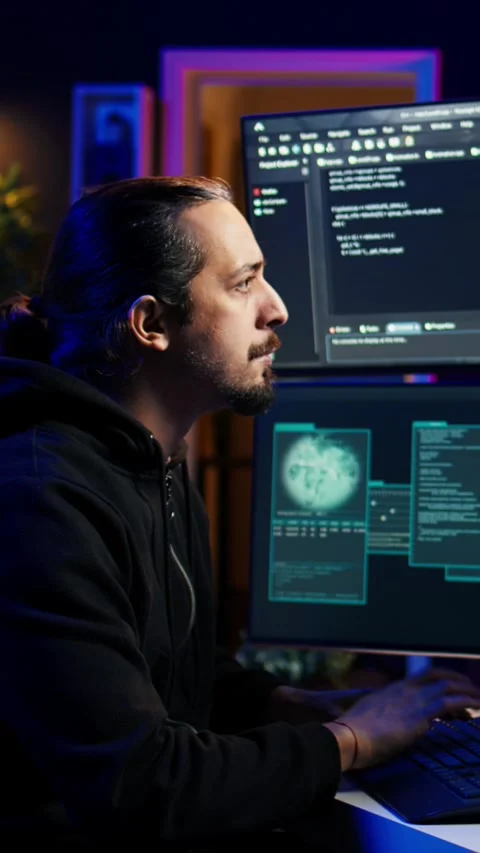 Vertical video Hacker typing fast on keyboard, rushing to finish developing Stock Footage 275996075