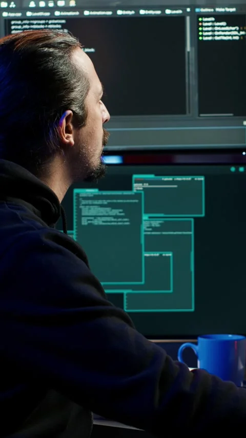Vertical video Hacker typing fast on keyboard, rushing to finish developing Stock Footage 275996788