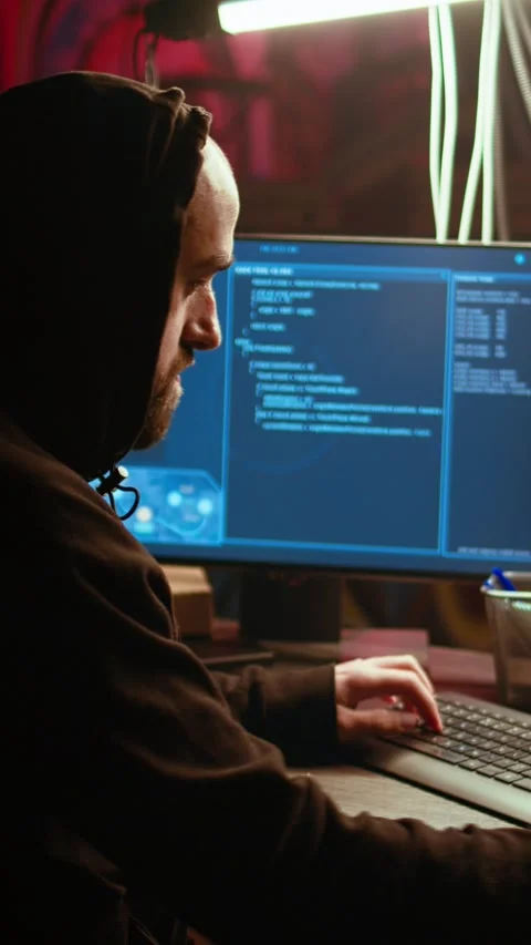 Vertical video Hacker in underground bunker takes advantage of security breach Stock Footage 319533237