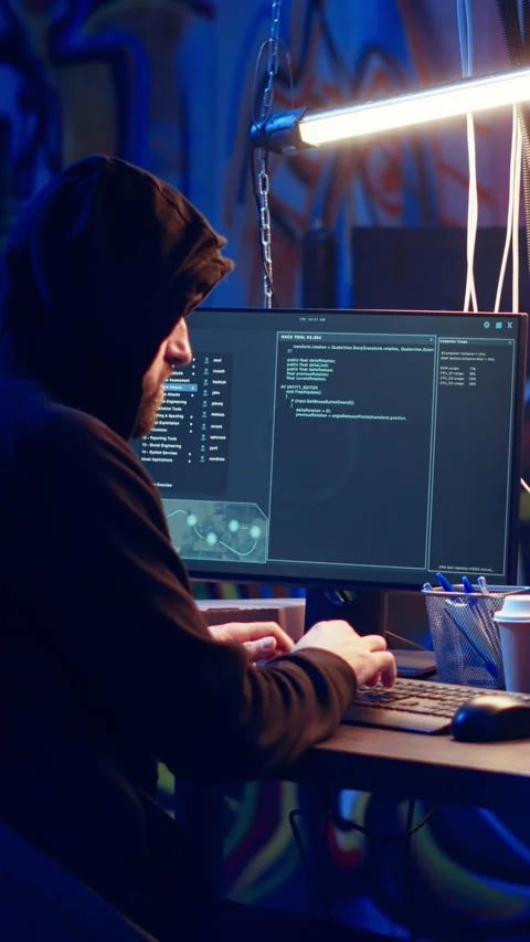 Vertical video Hacker using computer to target vulnerable unpatched connections Stock Footage 319521540