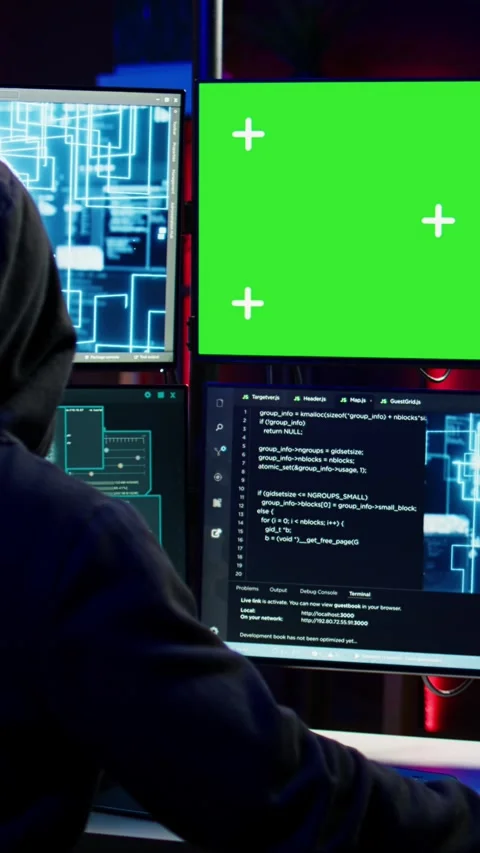 Vertical video Hacker working on chroma key PC using artificial intelligence Stock Footage 275622164