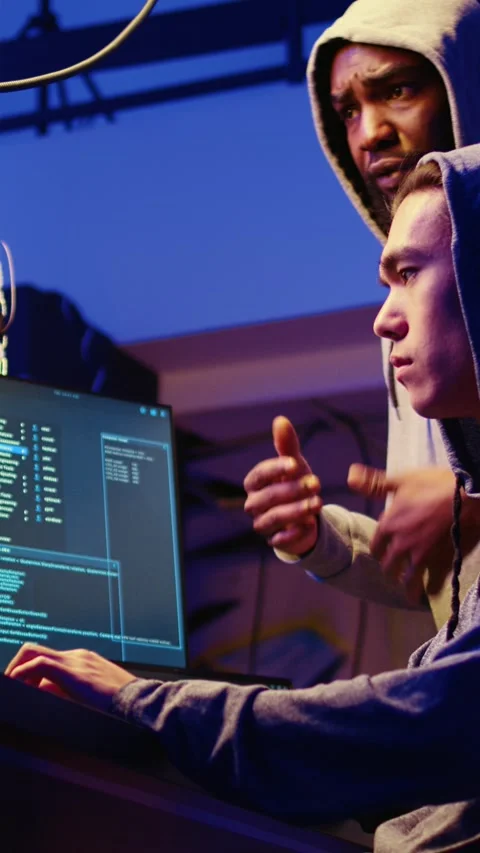 Vertical video Hackers brainstorm cracking methods 스톡 동영상 255209418