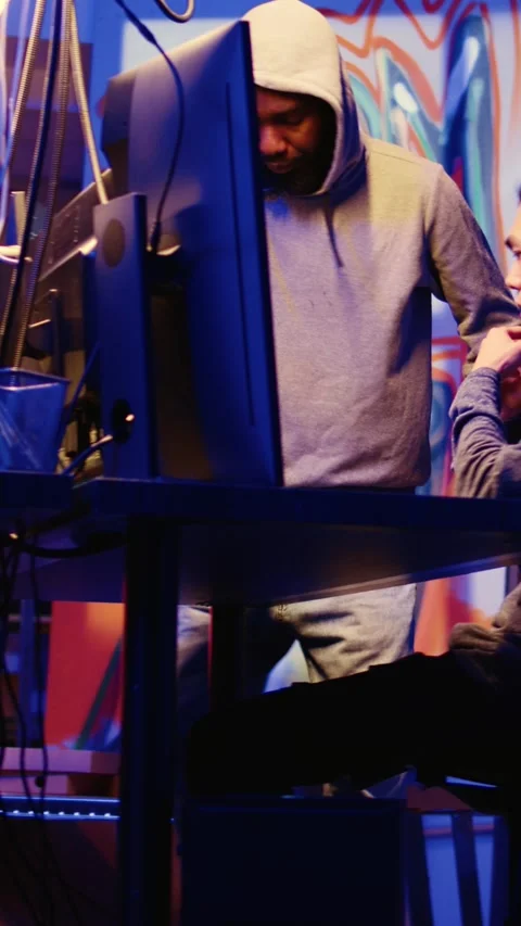 Vertical video Hackers coding malware together Stock Footage 255208407