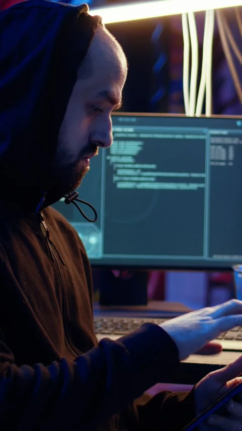 Vertical video Hackers doing computer sabotage using ransomware on tablet Stock Footage 319521367