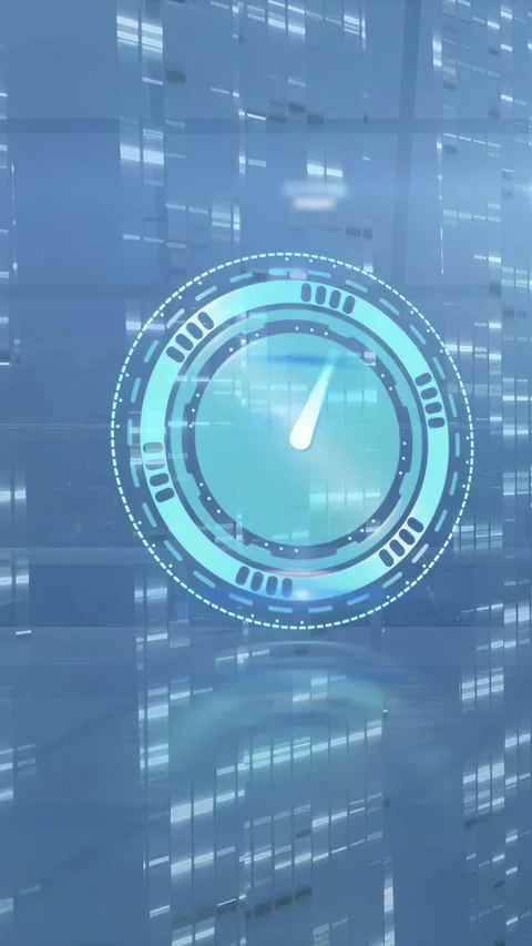 Vertical video: Half clock popping tech HUD scanning rings and hand forming teal Stock Footage 332985017