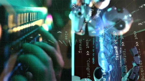 Vertical video with half screen of robot chatbot hands typing on virtual key Stock Footage 237024778