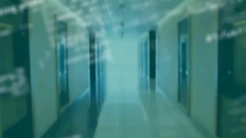 Vertical video: Hall center receiving tech feed showing code overlays building Stock Footage 334183061