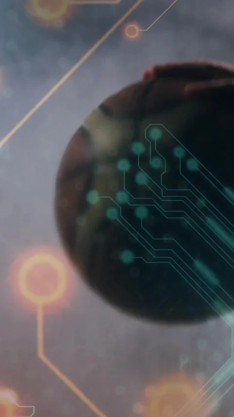 Vertical video: Hand coming from right and turning sphere to center, circuitry Stock Footage 334547123