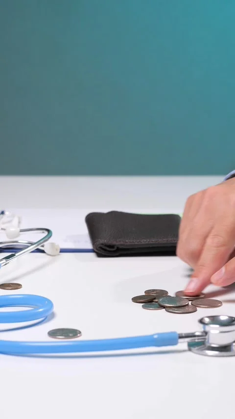 Vertical video hand counting coins on a desk with a stethoscope and wallet Stock Footage 342772282