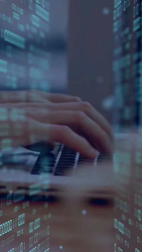 Vertical video: Hand entering, hands settling on keys, fingers typing under teal Stock Footage 335741006