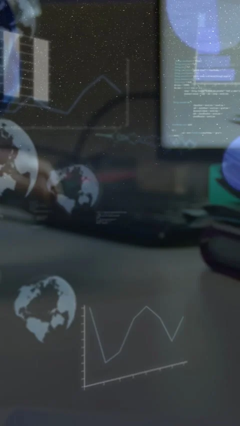 Vertical video: Hand entering from left gesturing with pen, starting holo charts Stock Footage 333259773