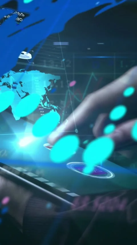 Vertical video: Hand entering then tapping tablet, activating circular UI and Video stock 328728136