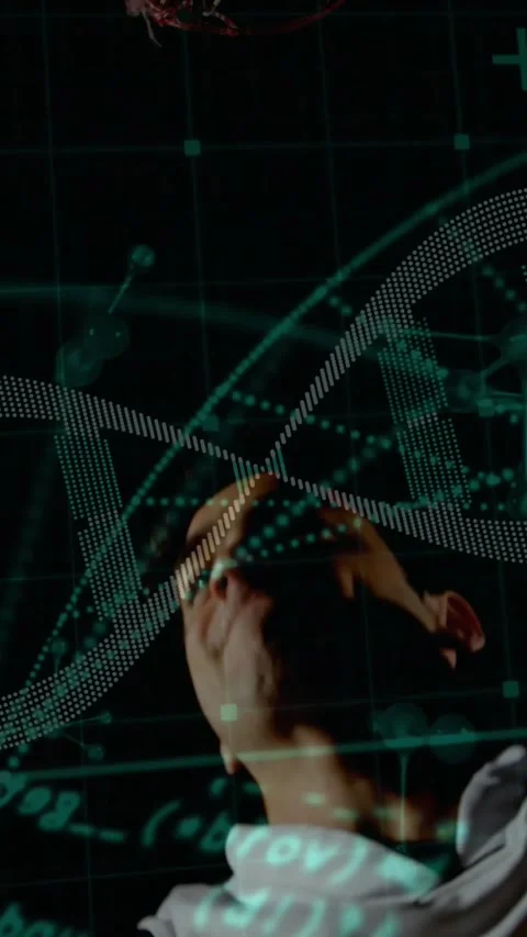 Vertical video: Hand holding ball player jumping dunking sparking DNA helix Stock Footage 333836073