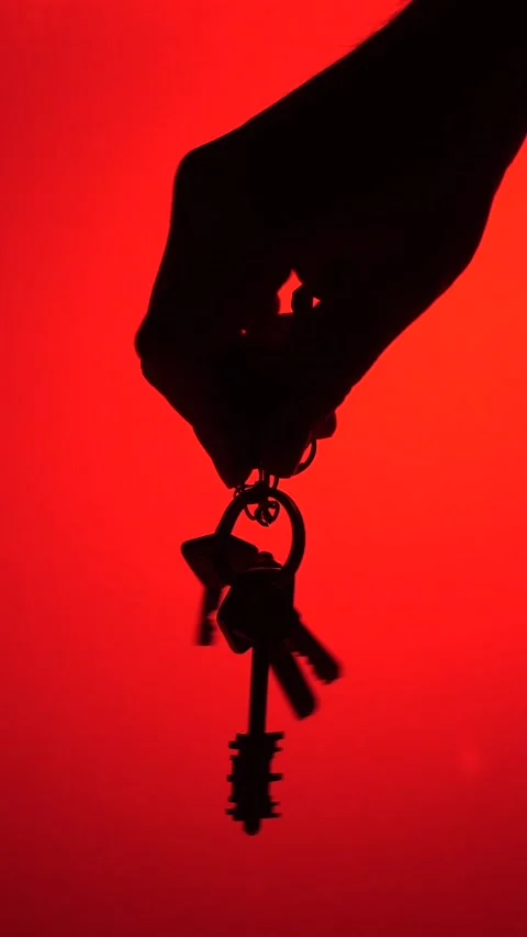 Vertical video Hand holding keys on a red background Stock Footage 302222119