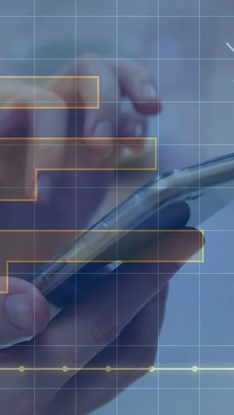 Vertical video: Hand holding phone tapping and swiping, animating UI overlays Stock Footage 334386233