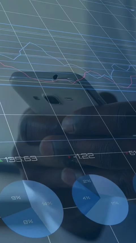 Vertical video: Hand holding smartphone, thumb swiping, tilting, charts Stock Footage 334601288