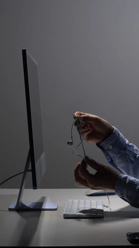 Vertical video hand holding a tangled pair of wired earphones over a desk with Vídeo Stock 342673509