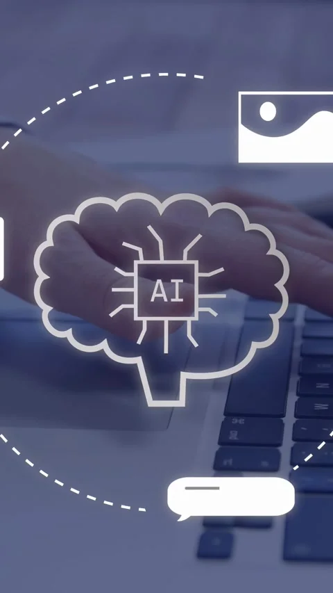 Vertical video: Hand hovering pad L form growing forming AI brain chip icons Stock Footage 335264376