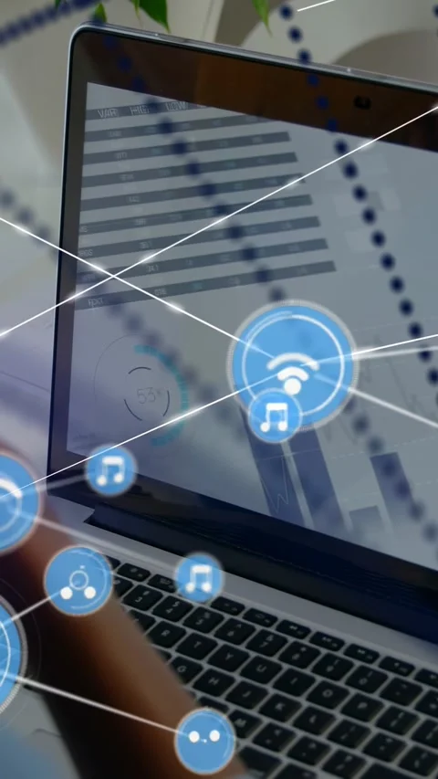 Vertical video: Hand moving, node appearing and linking nodes over laptop Stock Footage 330260446