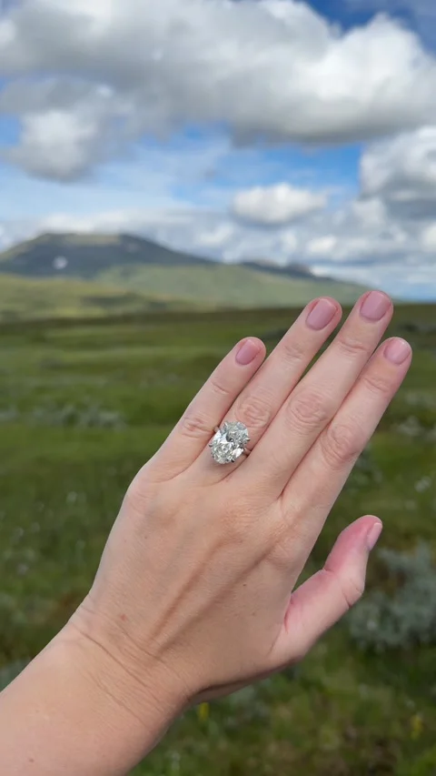Vertical video hand with oval diamond engagement ring in open field Stock Footage 317337532