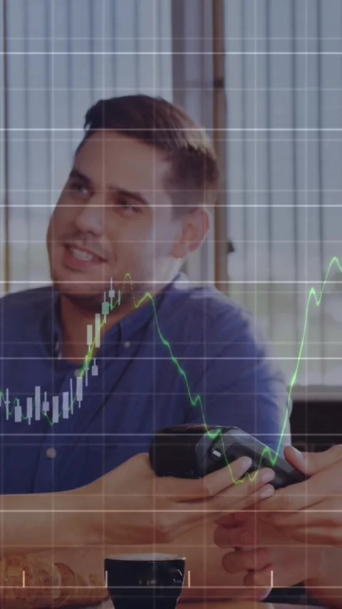 Vertical video: Hand passing reader, man in blue checking payment while market Stock Footage 343995950