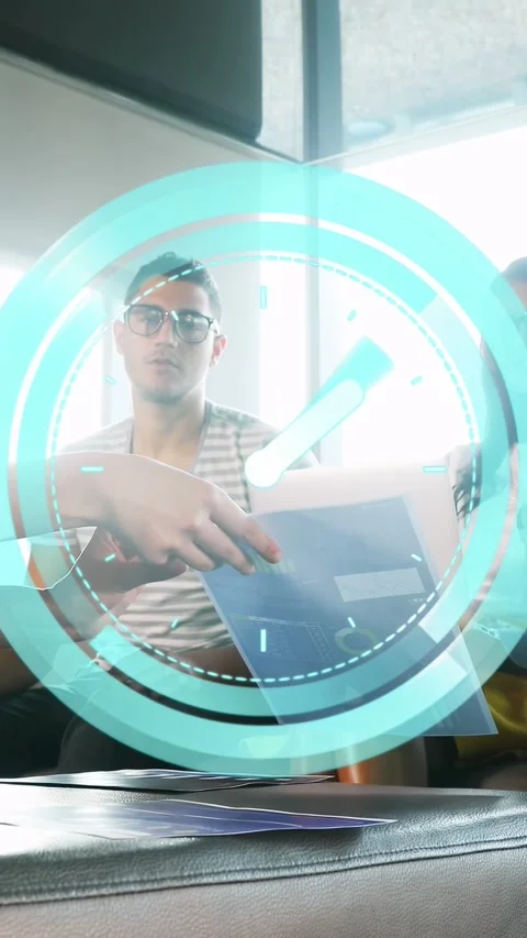 Vertical video: Hand placing blue folder while team reviewing papers in office, Stock Footage 333721048