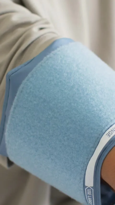 Vertical video: Hand placing BP cuff on arm, beige top in clinic, valve causing Stock Footage 348637231