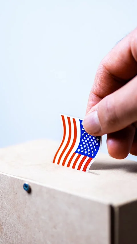 Vertical video of hand placing a small American flag into a ballot box. 動画素材 336409211