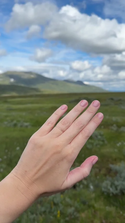 Vertical video of hand with platinum wedding ring in Scandinavian mountains Stock Footage 315565709