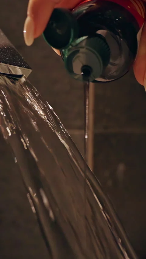 Vertical video. Hand Pouring Bath Foam from Bottle into Flowing Water Under Fauc Stock Footage 323469263