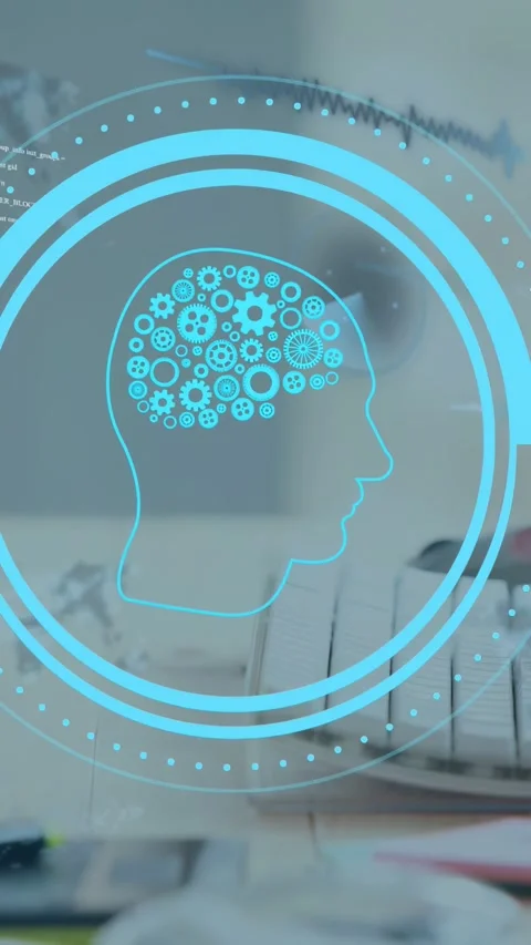 Vertical video: Hand pressing keys, HUD gear brain pulsing, code appearing, Stock Footage 335264315