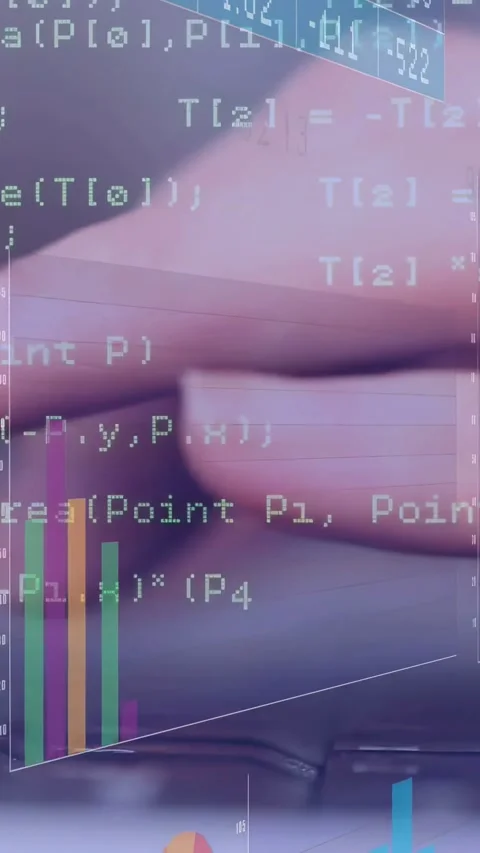 Vertical video: Hand pressing touchpad, causing code and colorful charts Stock Footage 334550412
