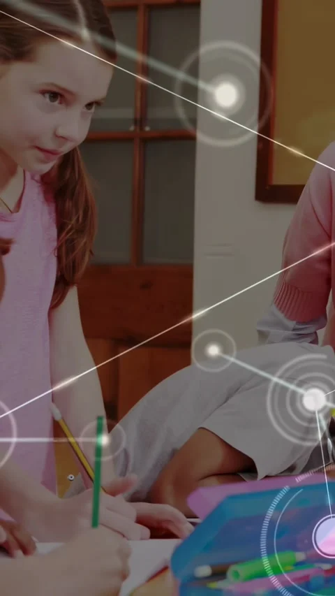 Vertical video: Hand reaching blue case sparking node map, girl leaning and kids Stock Footage 331274137