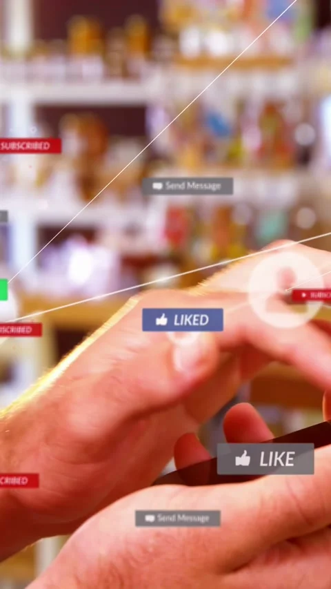 Vertical video: Hand tapping phone, causing LIKE switch while badges linking Stock Footage 329934283