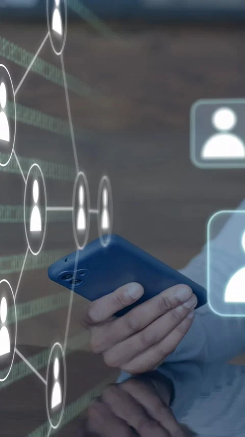 Vertical video: Hand tilting phone over glossy table, causing network nodes Stock Footage 335264038