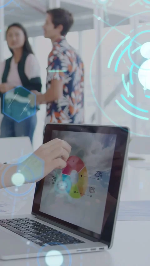 Vertical video: Hand touching laptop screen, dragging pie chart demoing tech Stock Footage 333464972